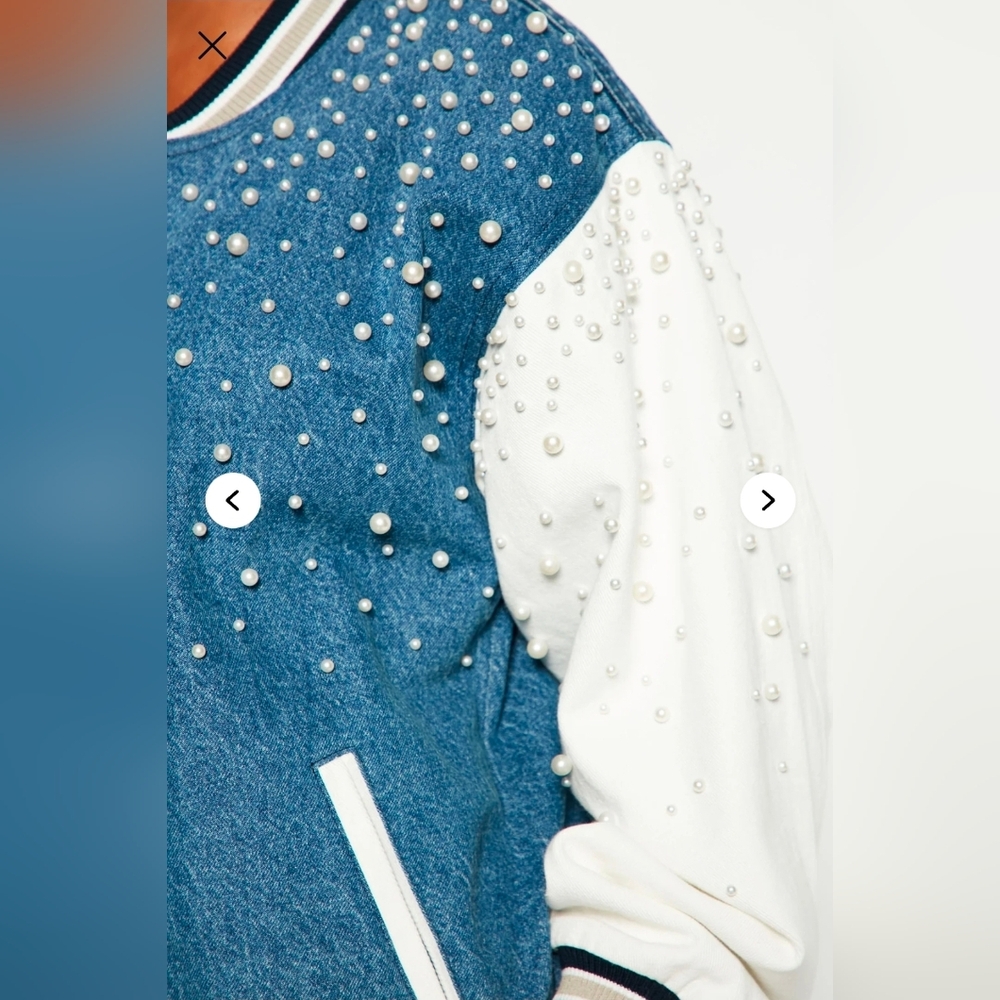 Fashion Nova Pearl Embellished Denim Varsity Jacket Size L - Picture 3 of 8